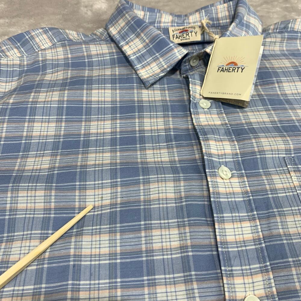 NWT Faherty Button Up Shirt Mens Large Cloud Summer Linen Blend Light Blue Plaid - Picture 5 of 14